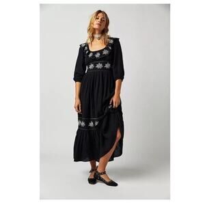 Free People Lovers Lane Maxi Dress Black Embroidered Peasant XL Festival Cottage